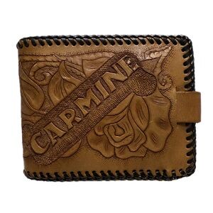 Vintage Saddle Tan Tooled Leather Wallet Carmine Bifold